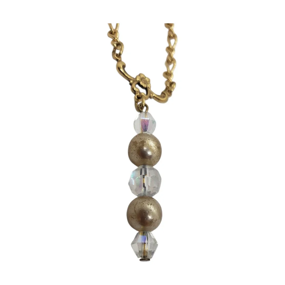 Vintage Gold Tone Chain Necklace Faux Pearl Aurora Borealis Crystal Beads LONG